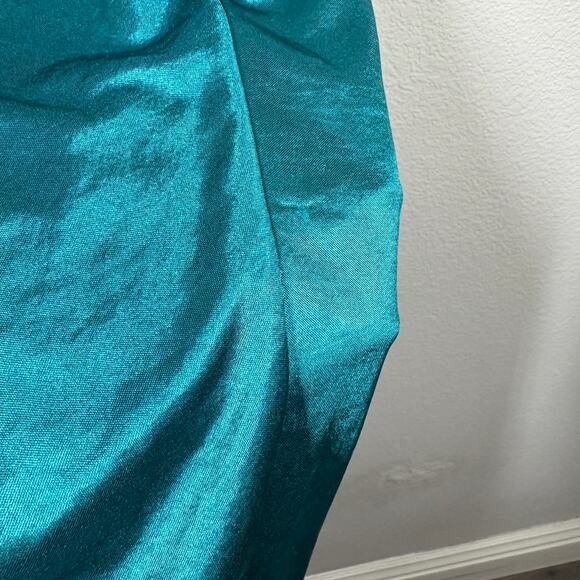 Suzi Chin For Maggy Boutique 16 Satin One Shoulder Dress Green Draped Ruched - Picture 6 of 11